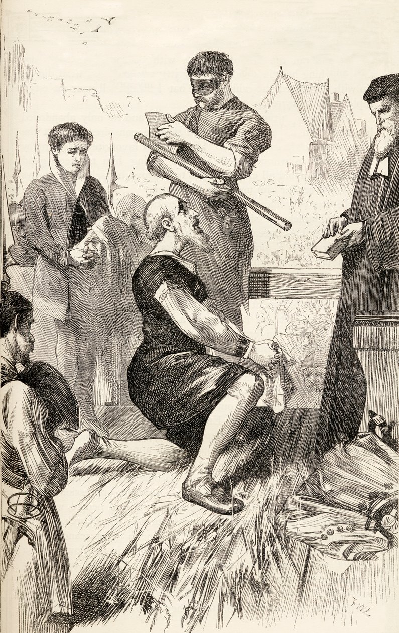 Edward Seymour telineellä odottamassa teloitustaan, n.1865 (puukaiverrus) tekijältä English School