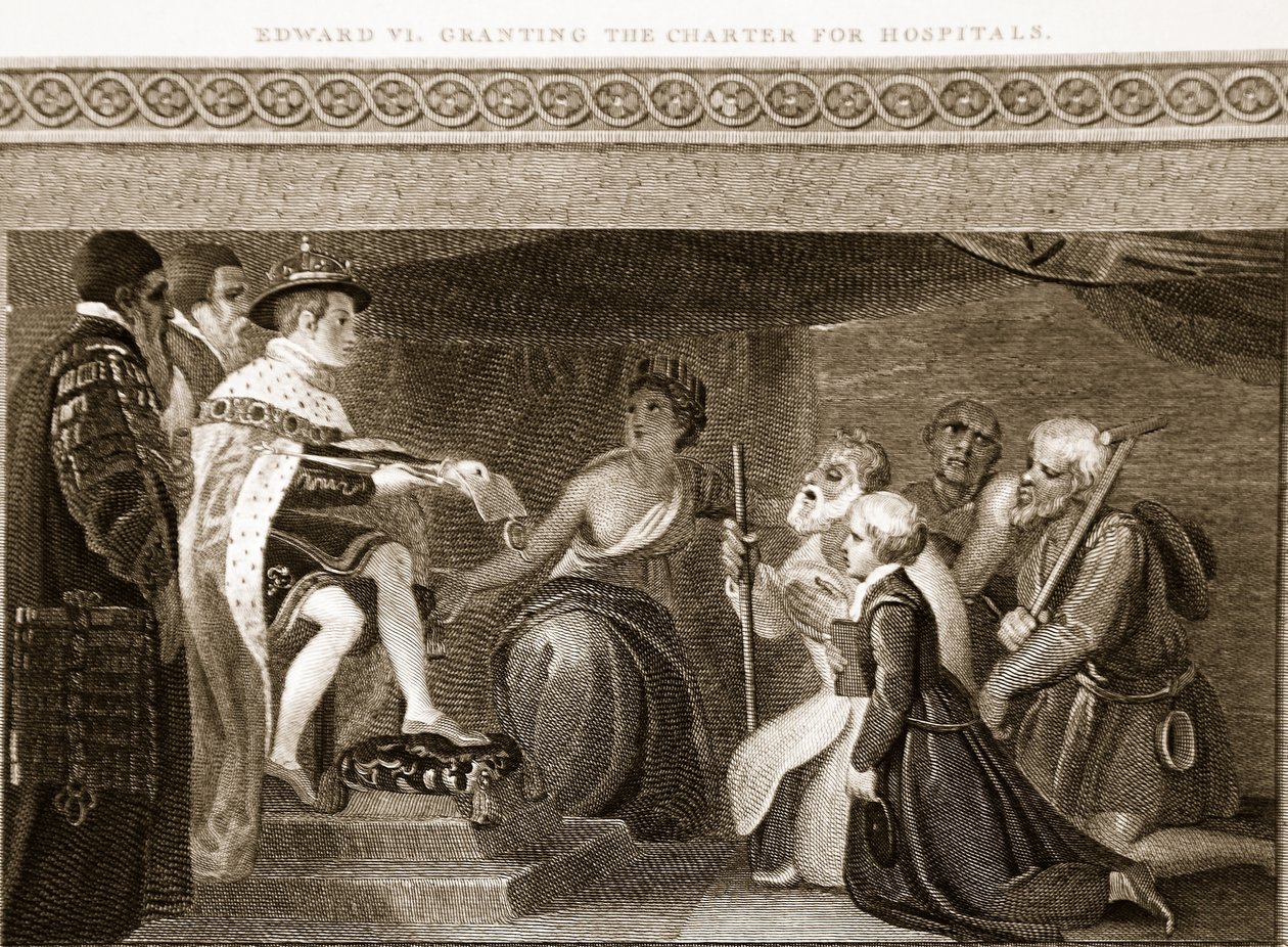 Edward VI myöntää sairaaloiden peruskirjan, kuvitus David Humesilta The History of England, pub. kirjoittanut R. Bowyer, Lontoo, 1812 88: tekijältä English School