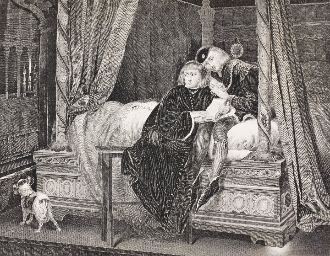 Edward V ja Richard, Yorkin herttua Towerissa, "Gallery of Historical Portraits" -julkaisusta, julkaistu noin 1880 tekijältä English School