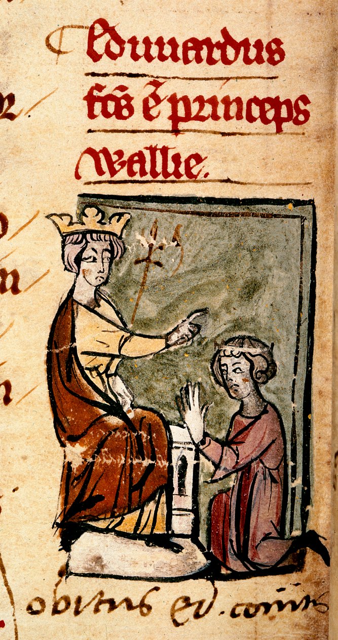 Edward of Caernarvon [Edward II] loi Walesin prinssin ja Earl of Chesterin isänsä, kuningas Edward I:n toimesta Lincolnin parlamentissa, kuvitus Chronica Roffensesta, kirjoittanut Matthew Paris, 7. helmikuuta 1301 (vellum) tekijältä English School