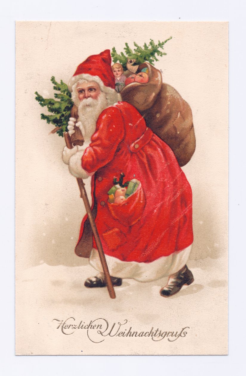 Edvardiaaninen postikortti, jossa joulupukki kantaa joulukuusta ja lelusäkkiä olkapäänsä yli, noin 1910 (värilitografia). tekijältä English School