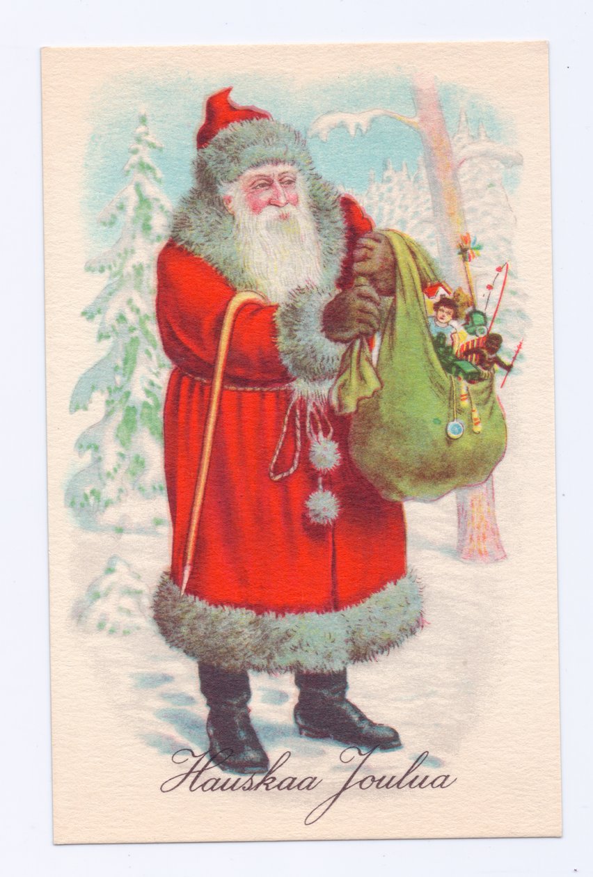 Edvardin aikainen postikortti, jossa joulupukki pitää säkillistä leluja, noin 1910 (värilitografia). tekijältä English School