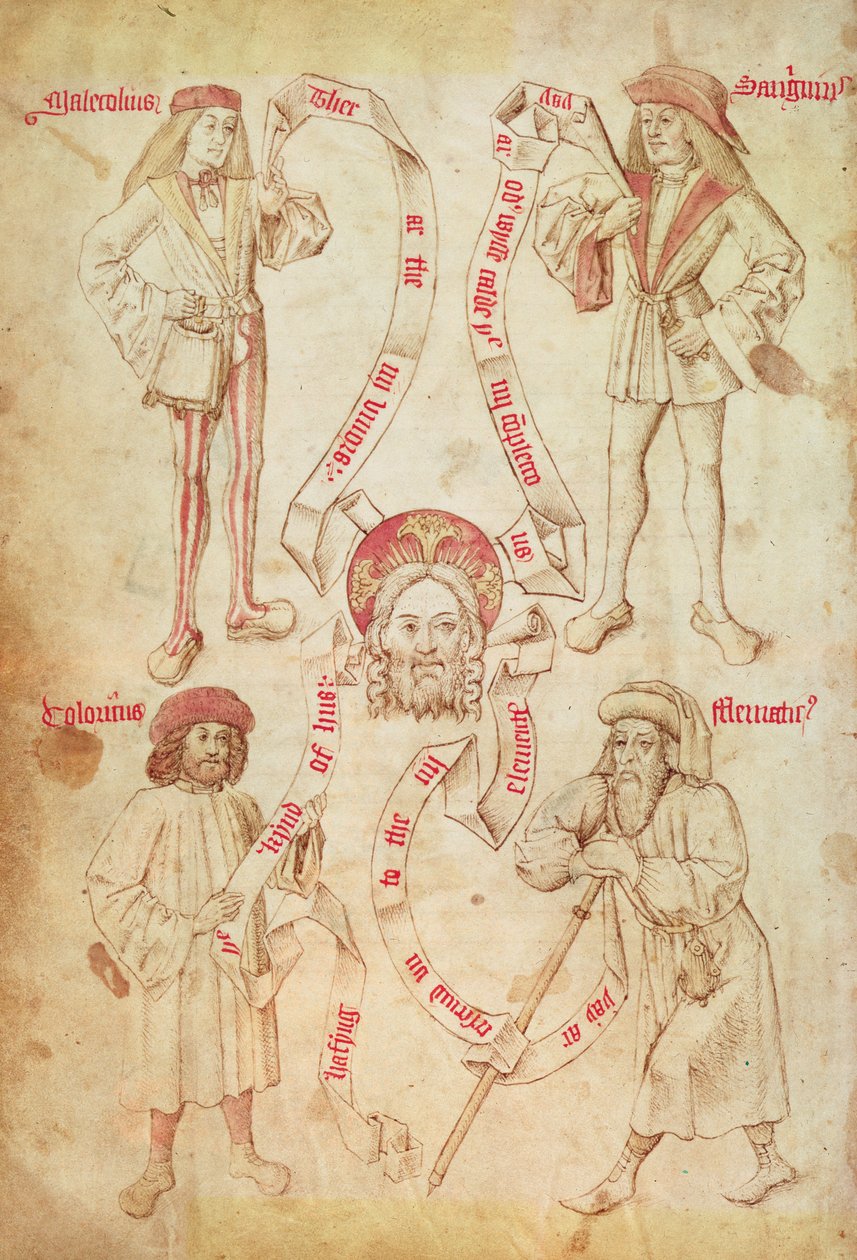 Esim. 2572 f.51v The Four Humours, Yorkin parturikirurgien kiltakirjasta (vellum) tekijältä English School