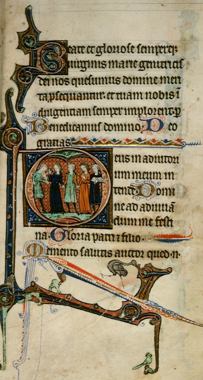 Egerton 1151 fol.47 Asuttu alkukirjaimella "D" muusikoiden kanssa, "Egerton Hoursista", n. 1260-70 (vellum) tekijältä English School