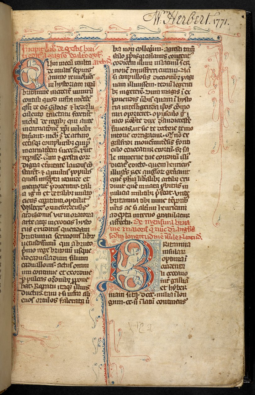 Egerton 3142, f.1r, Teksti valaistulla alkukirjaimella "B", Historia Regum Britanniaesta, Geoffrey, Monmouth, n. 1294 (vellum) tekijältä English School
