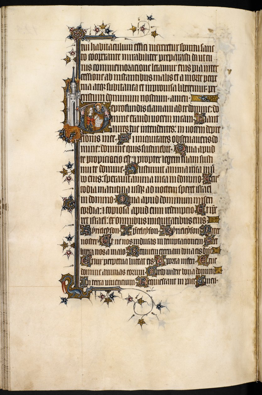 Egerton MS 3277, f.131v, Bohun-nainen rukouksessa, reunaleijona ja linna, "Bohun Psalter & Hours" (vellum) tekijältä English School