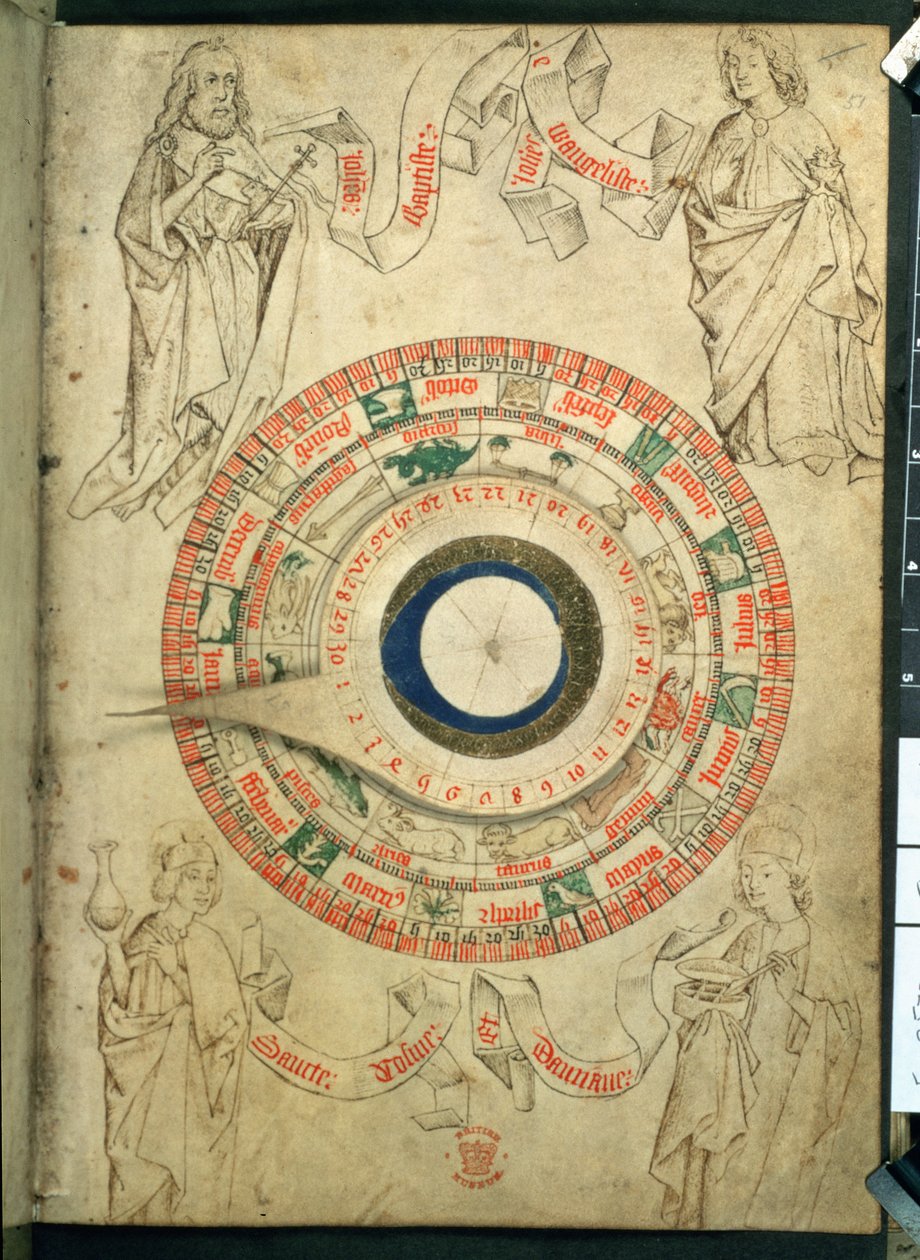 Egerton Ms 2575 fol.51 Parturi-kirurgin volvelle, 1400-luvun loppu (vellum) tekijältä English School