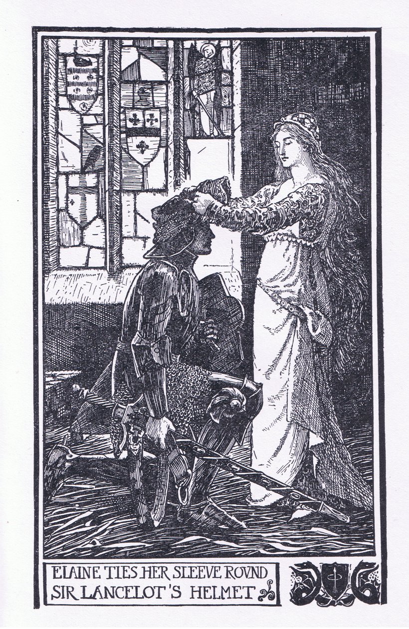 Elaine sitoo hihansa Sir Lancelotin kypärän ympärille, kuvitus Longmans Greenin ja Co:n julkaisemasta The Book of Romance -kirjasta tekijältä English School