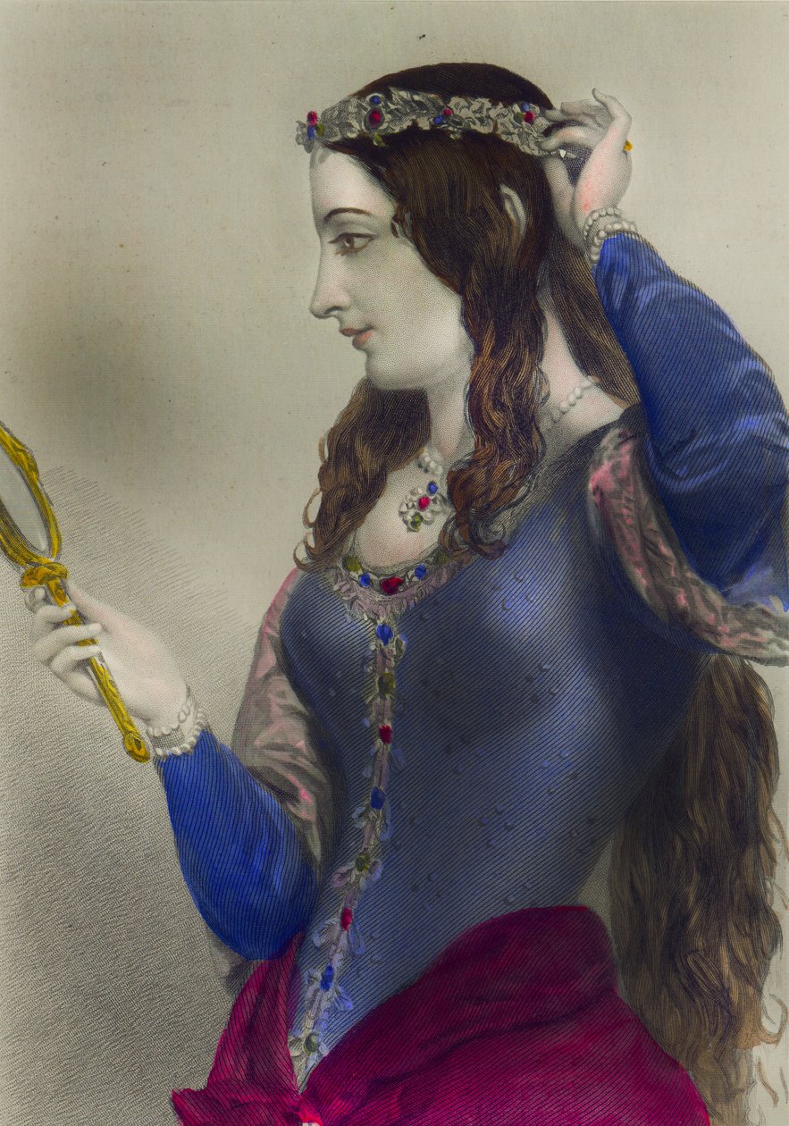 Eleanor of Provence, Englannin Henrik III:n kuningatar puoliso, painaja Henry G. Bohn, Lontoo, 1856 (värikaiverrus) tekijältä English School