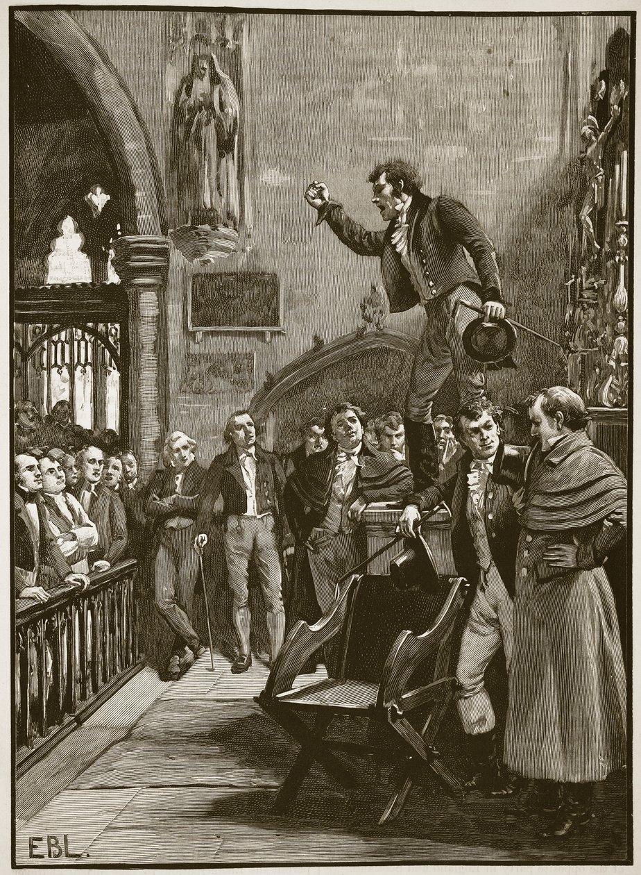 Vaalikokous Irlannissa, 1825, kuvitus Cassells Illustrated History of Englandista (seepiakuva) tekijältä English School