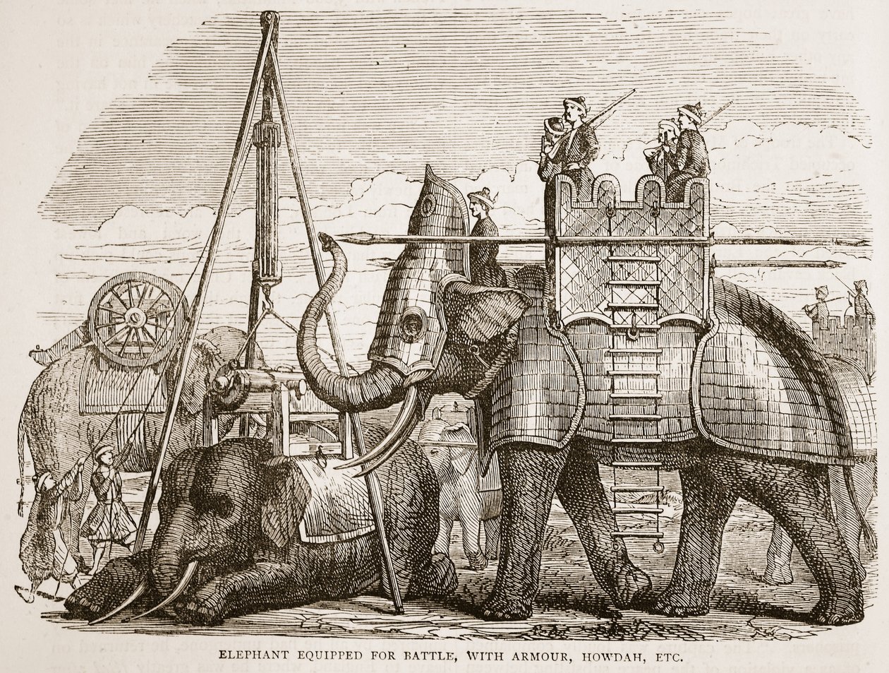 Taisteluihin varusteltu norsu, panssari, howdah jne., kuvitus James Grantin pubista Cassells Illustrated History of India. 1879 tekijältä English School