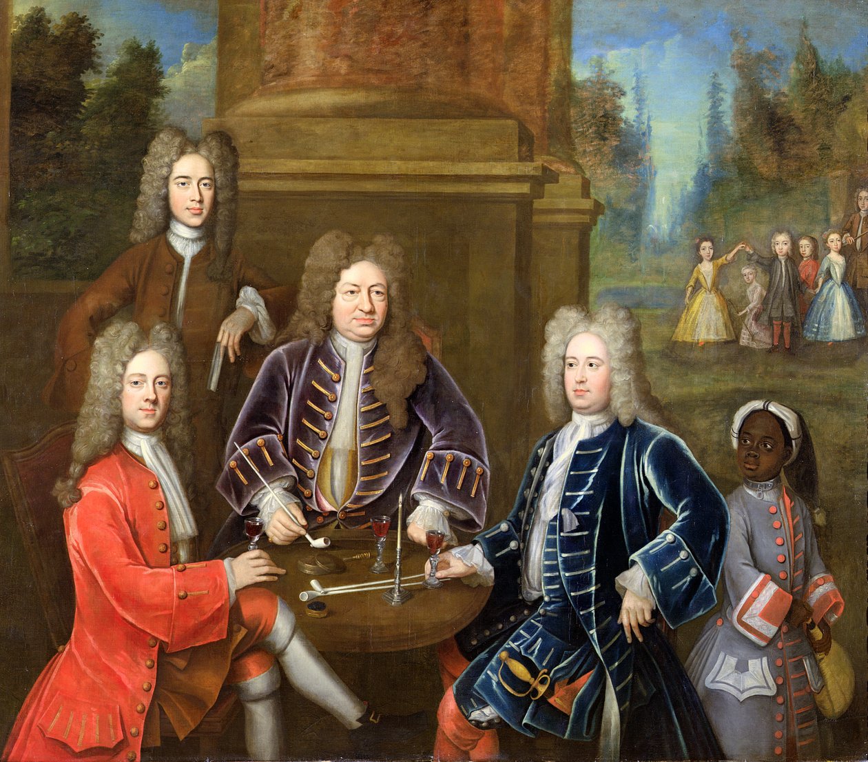 Elihu Yale (1648-1721), Devonshiren toinen herttua, lordi James Cavendish, herra Tunstal ja palvelija, noin 1708. tekijältä English School