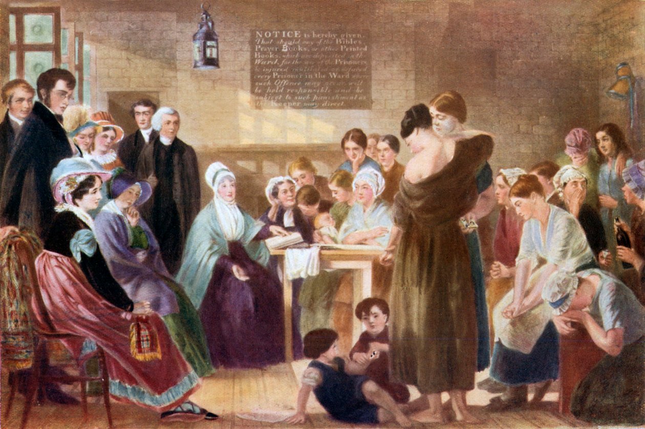 Elizabeth Fry vierailee Newgaten vankilassa (värilitografia). tekijältä English School