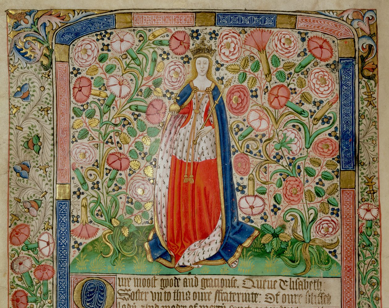 Elizabeth Woodville (n. 1437–1492) Englannin kuninkaan Edward IV:n (1442–83) kuningatar puoliso (vellum) (70062:n yksityiskohta) tekijältä English School