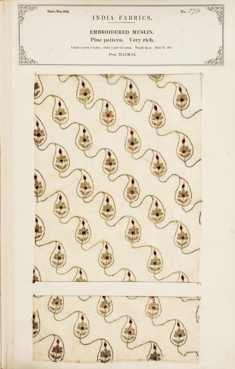 Brodeerattu musliininäyte Madrasista, kokoelmasta The Collection of the Textile Manufacturers of India, John Forbes Watson, julkaistiin vuonna 1866 tekijältä English School