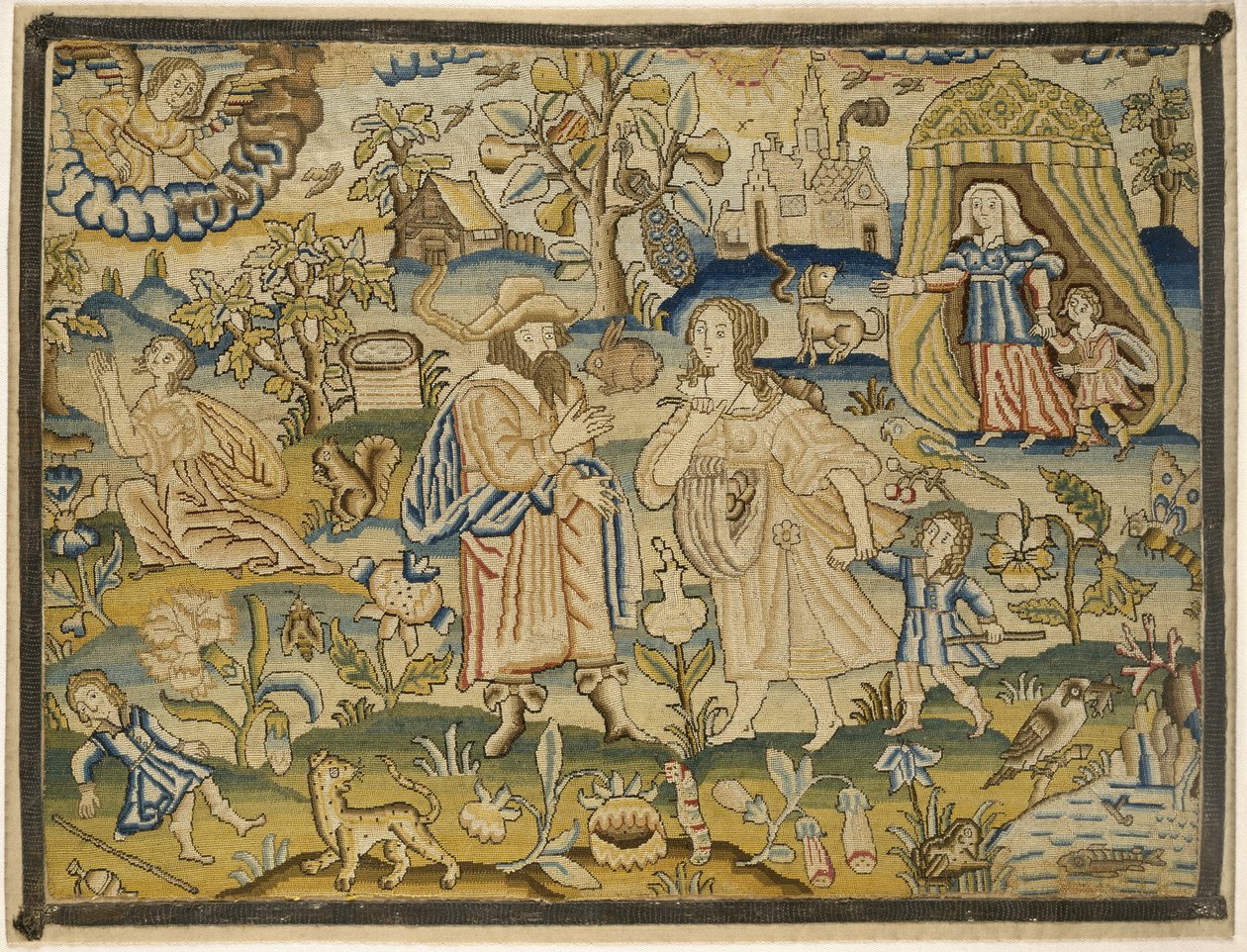 Brodeerattu kuva: Abraham erotti Hagarin, 1600-luvun puoliväli (silkkilangat pellavassa) tekijältä English School