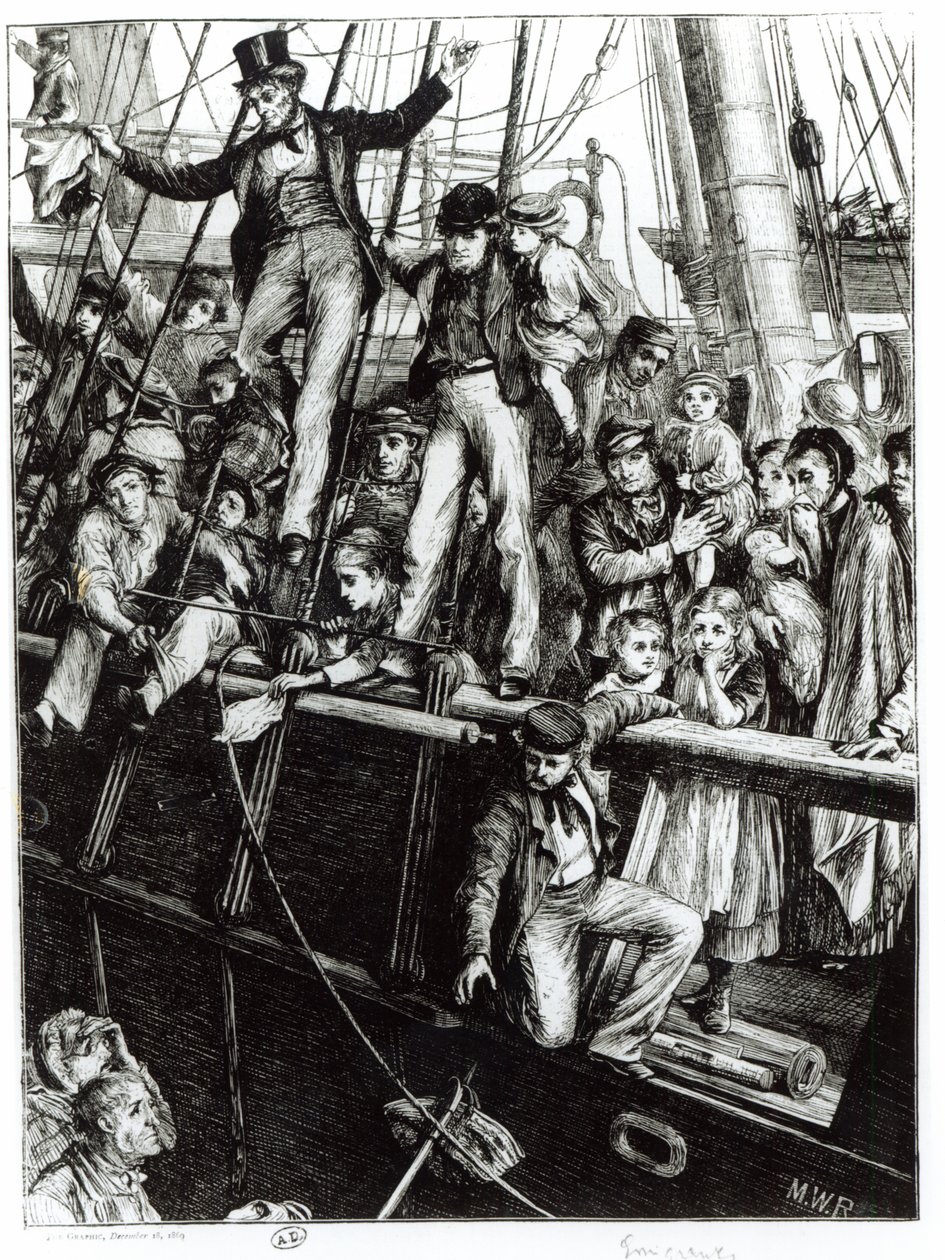 Emigrants Leaving Old England, The Graphic -lehdestä, 18. joulukuuta 1869 tekijältä English School