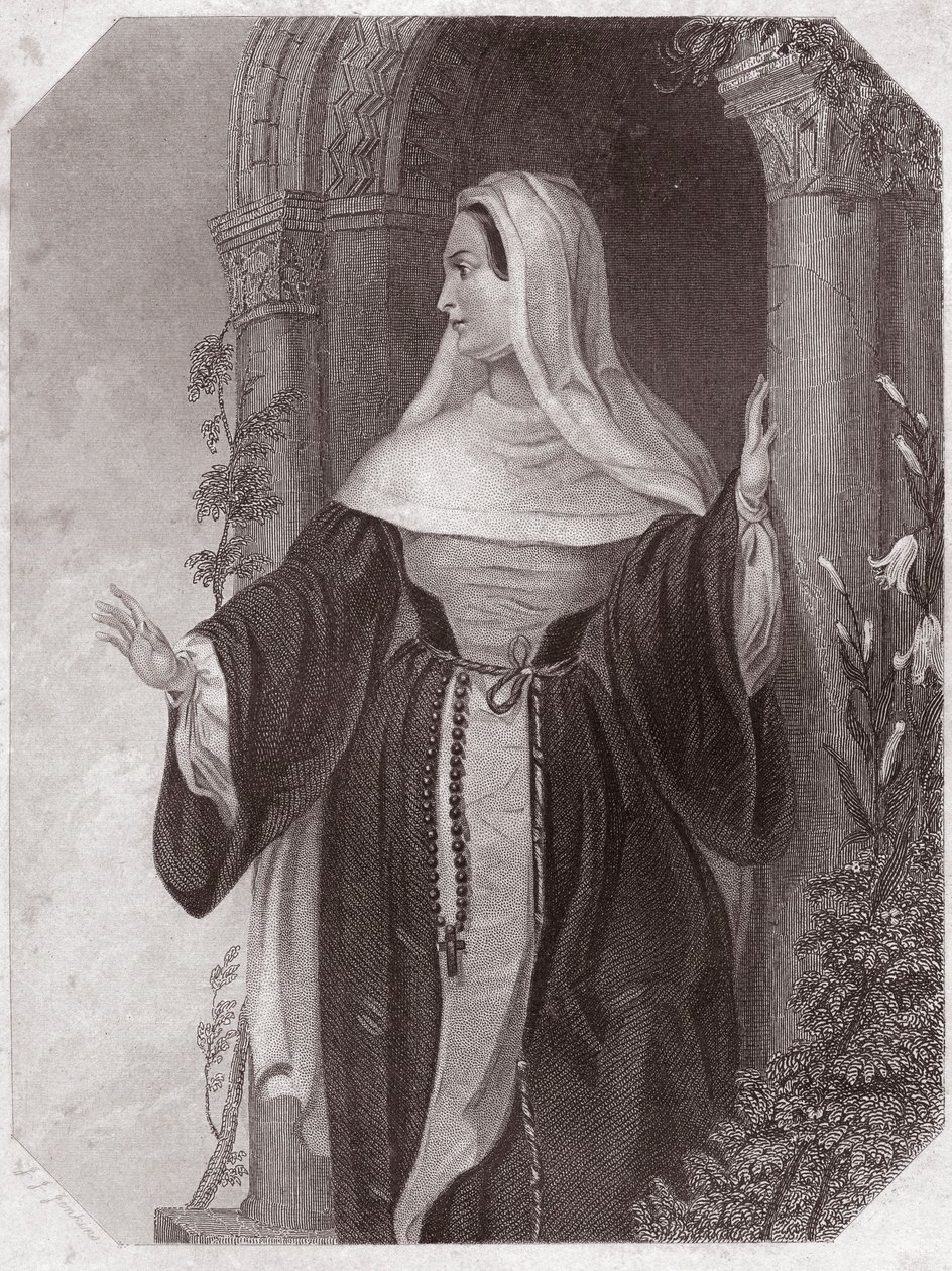 Emilie, Aegeonin vaimo, Ephese-yhteisön luostarina (Efesoksen komedia) Emilia Lady Abbess Efesoksessa (Virheiden komedia) - "" Galerie des femmes de Shakespeare, kokoelma 45 vakavaa muotokuvaa varhaisilta Lontoon taiteilijoilta , rikastettu tekijältä English School