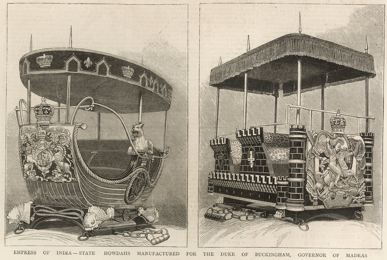 Intian keisarinna: osavaltion howdahia valmistettiin Buckinghamin herttualle, Madrasin kuvernöörille, The Graphic, 3. helmikuuta 1877 tekijältä English School