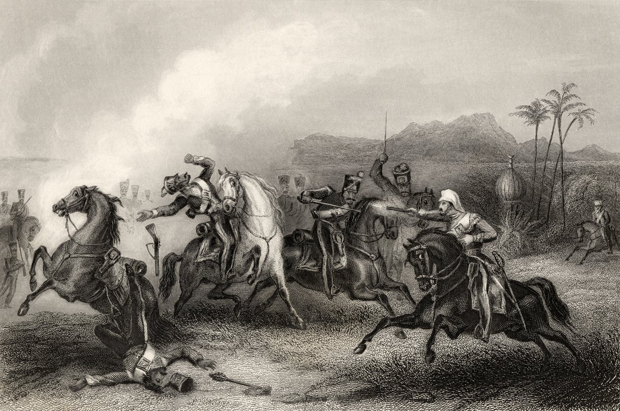 Luutnantti Hillsin ja Sepoyn ratsuväen ruumiin välinen kohtaaminen vuonna 1858 julkaistusta "Intian kapinan historiasta" tekijältä English School