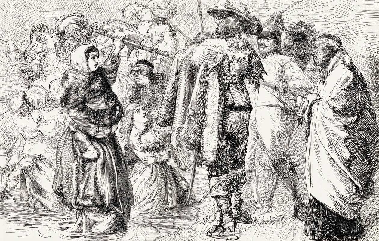 Irlantilaiset katolilaiset hukuttivat englantilaisia protestantteja Irlannin kapinan aikana 1641, noin 1865 (puukaiverrus) tekijältä English School