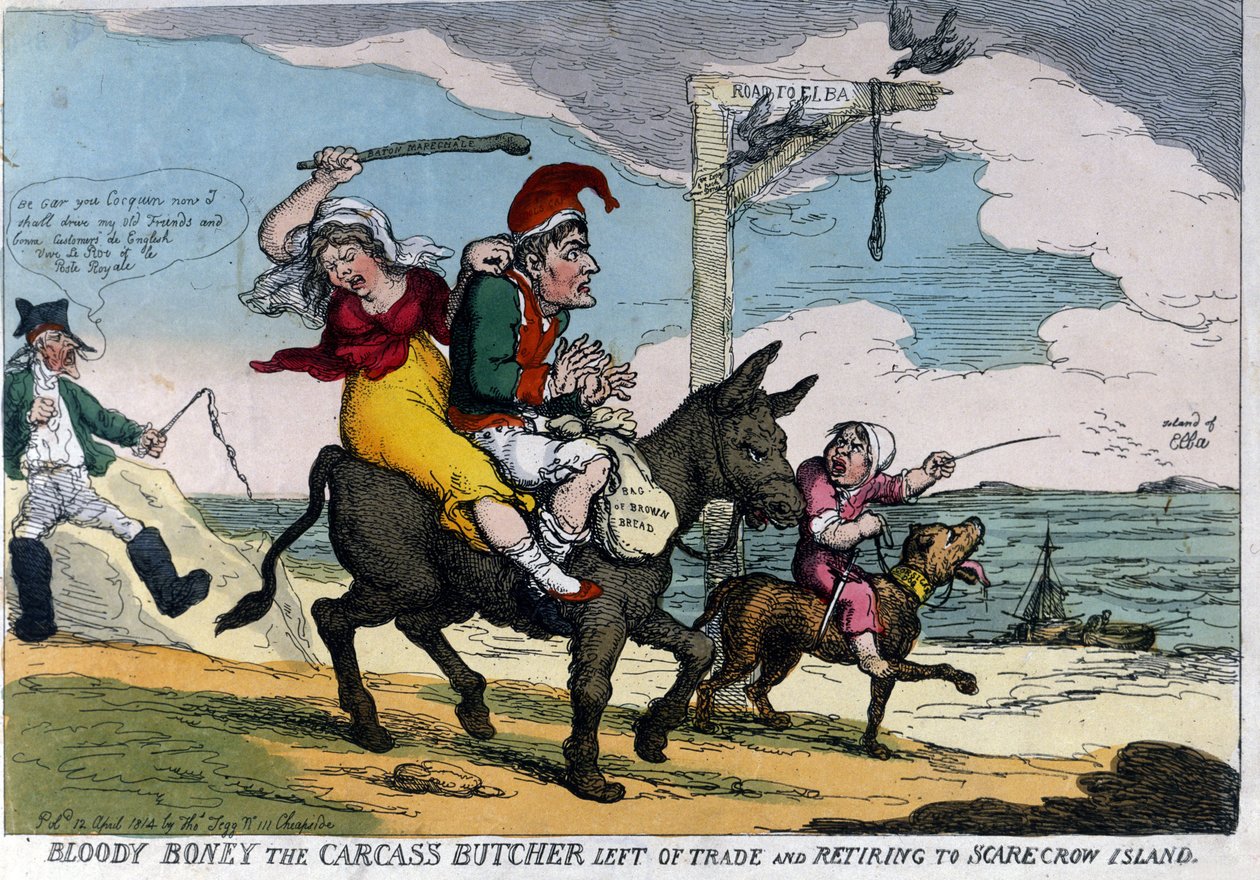 Englantilainen sarjakuva keisari Napoleon I:n maanpaosta edustaa aasilla matkalla Elban saarelle. 04/1814. tekijältä English School