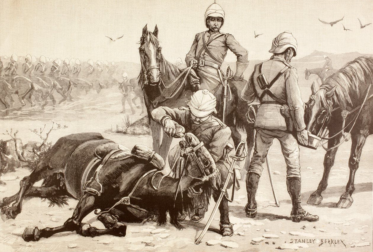 Englantilainen ratsuväki juottaa hevosiaan Mahdist-sodan aikana, Sudan 1880-luvulla (litho) tekijältä English School