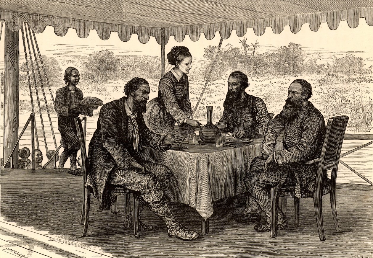 Englantilaiset tutkimusmatkailijat John Hanning Speke (1827-1864) ja James Augustus Grant (1827-1892) Gondokorossa, Etelä-Sudanissa, retkikuntansa päätteeksi, jossa Samuel (1821-1893) ja Florence (1841-1916) Baker olivat heitä vastassa (kaiverrus). tekijältä English School