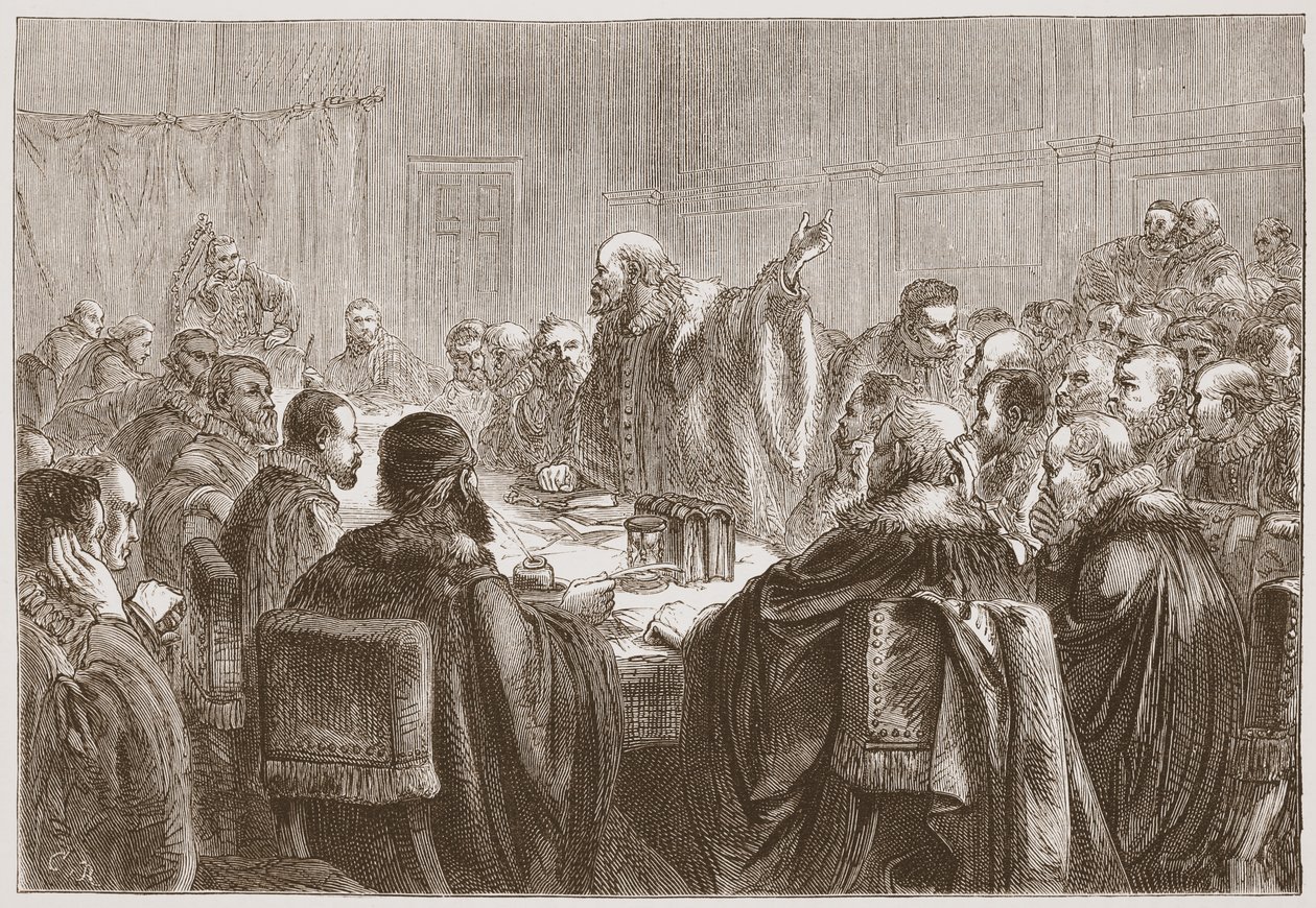 Episcopius puhuu Dortin synodin jäsenille, esimerkki James Aitken Wylien (1808-1890) teoksesta The History of Protestantism, pub. 1878 tekijältä English School