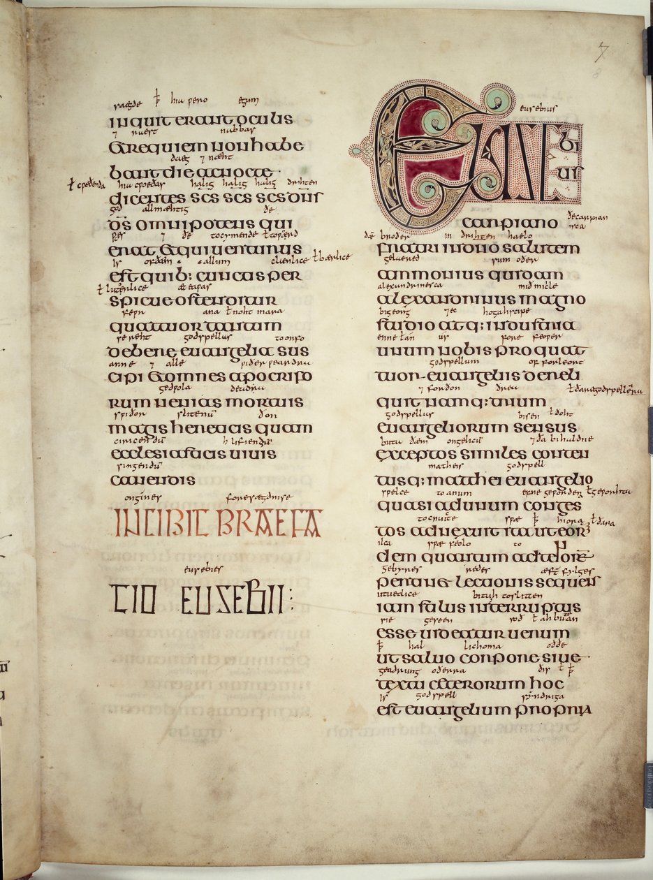 Eusabiuksen kirje Carpianukselle, "Lindisfarnen evankeliumit", 710-21 (vellum) tekijältä English School