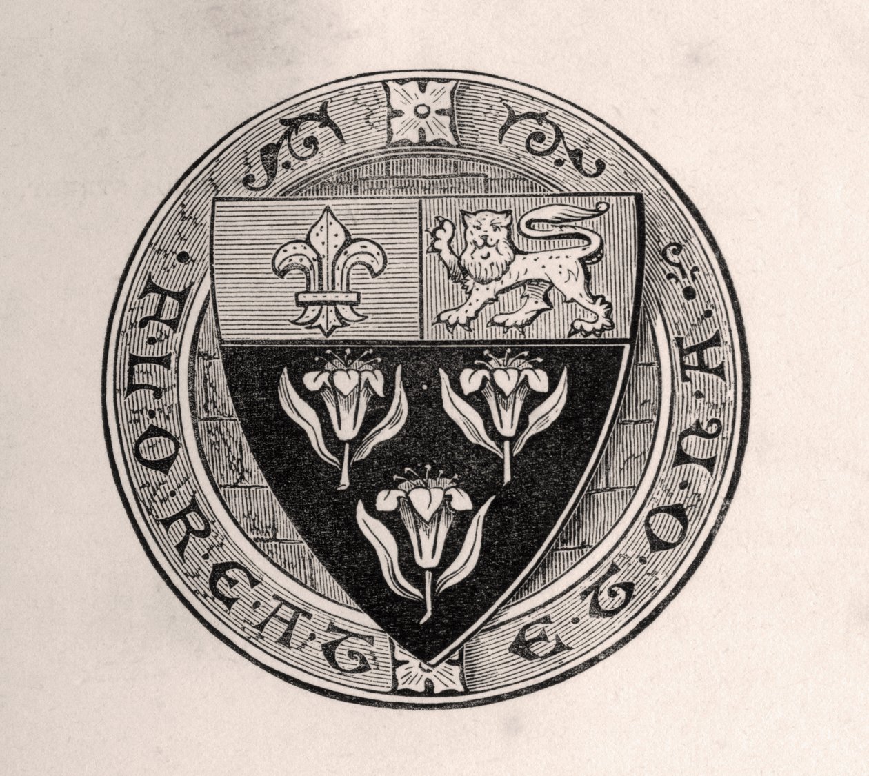 Eton-kilpi laskettu pyöreän yläpuolelle koulun mottona, piirros Sir Edward Creasyn Lontoossa 1876 julkaistusta muistelmista Eminent Etonians tekijältä English School