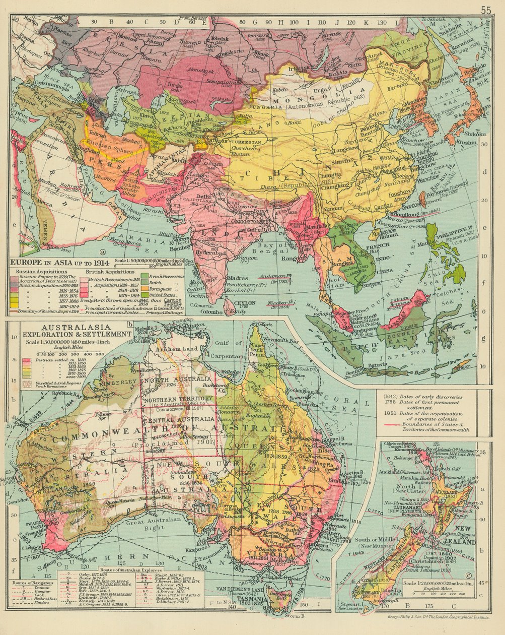 Eurooppa Aasiassa vuoteen 1914 asti. Australasian tutkimusmatkailu ja asuttaminen (värilitro) tekijältä English School