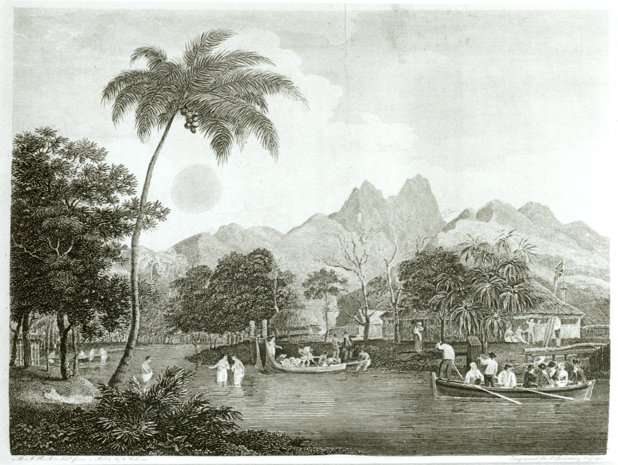 Eurooppalaiset lähetyssaarnaajat tahitilaisessa kylässä, lähetysmatkasta eteläiselle Tyynellemerelle Esitetty vuosina 1796-1798 Ship Duffissa, julkaistu 1799 tekijältä English School