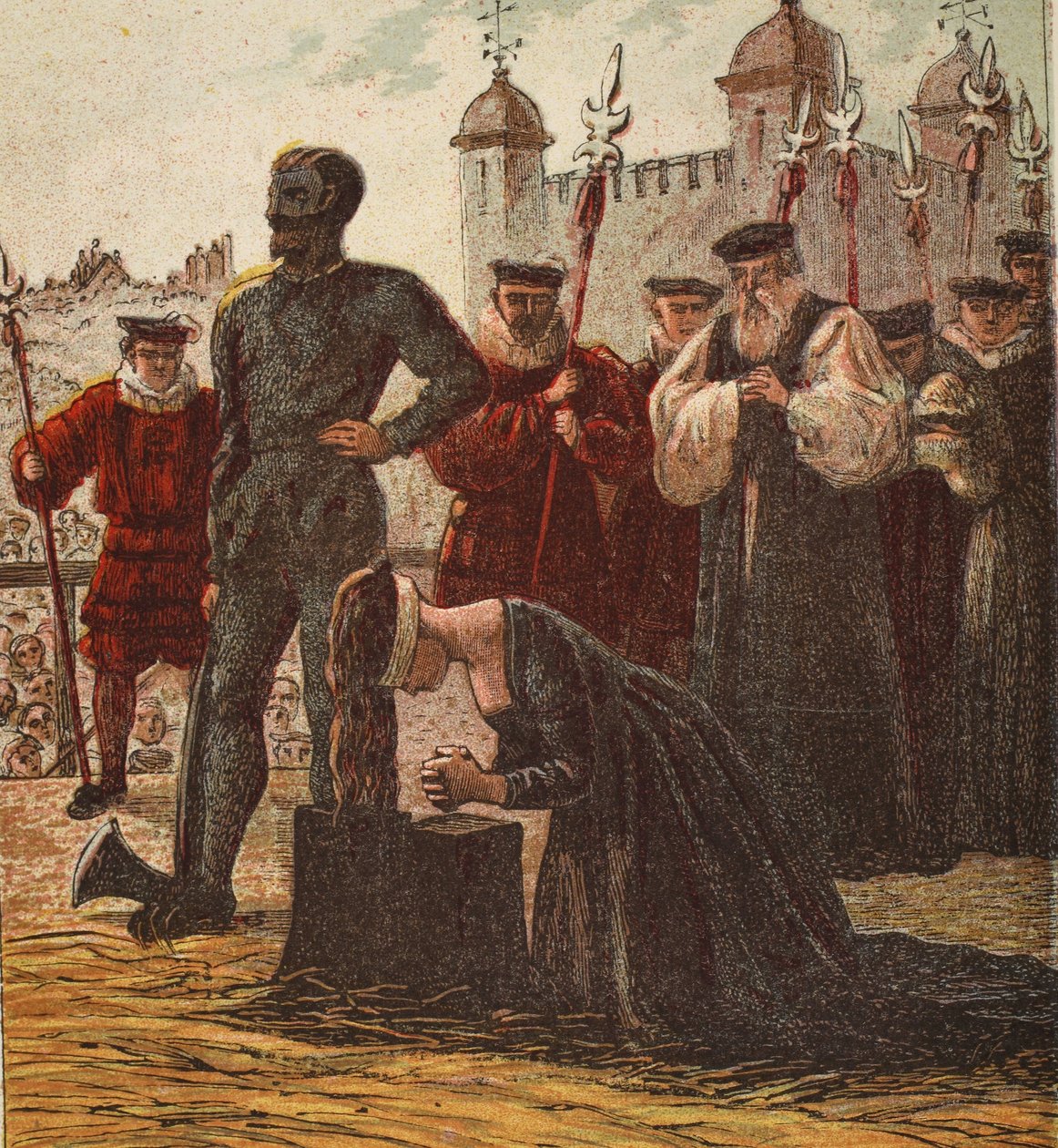 Lady Jane Greyn teloitus, pubi. 1890 (värilitografia) tekijältä English School