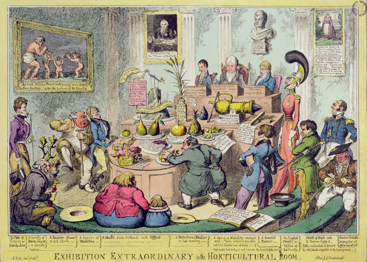 Näyttely Extraordinary in the Gardencultural Room, kaivertanut George Cruikshank (1792-1878), pub. kirjoittanut G. Humphrey, 1826 (värillinen etsaus) tekijältä English School
