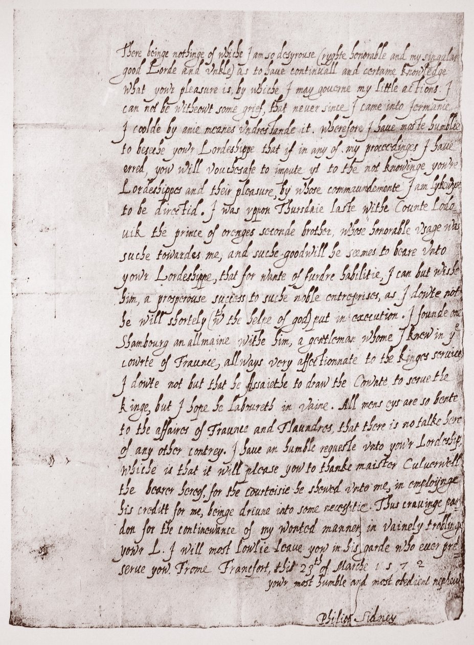 Faksimile Philip Sidneyn käsialasta 18-vuotiaana, 23. maaliskuuta 1572 tekijältä English School