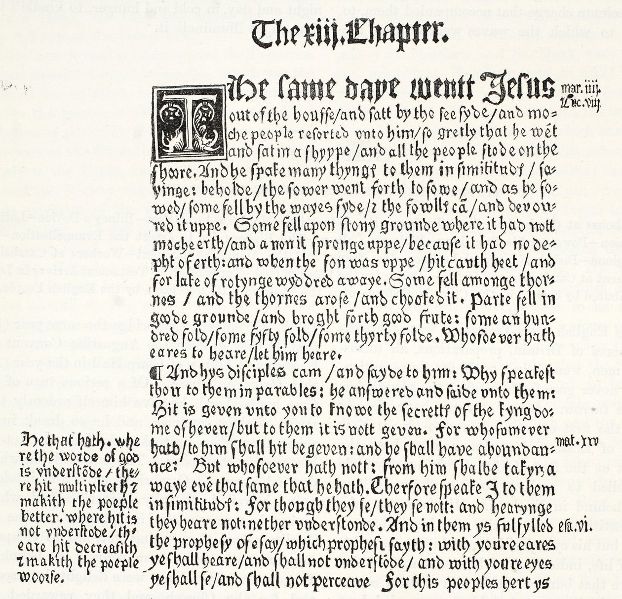 Faksimile of St. Matthews Gospel, luku XIII, jakeet 1-15, Tyndales Testamentista, kuvitus James Aitken Wylien (1808-1890) teoksesta The History of Protestantism, pub. 1878 tekijältä English School
