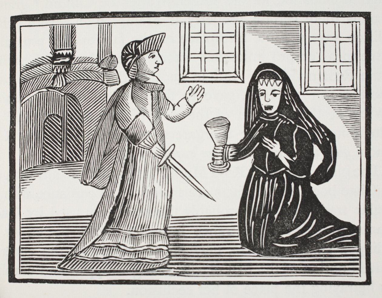 Kuningatar Eleanor myrkyttää Fair Rosamondia, kuvitus John Ashtonin pubista Chap-books of the Eightenth Century. 1882 tekijältä English School