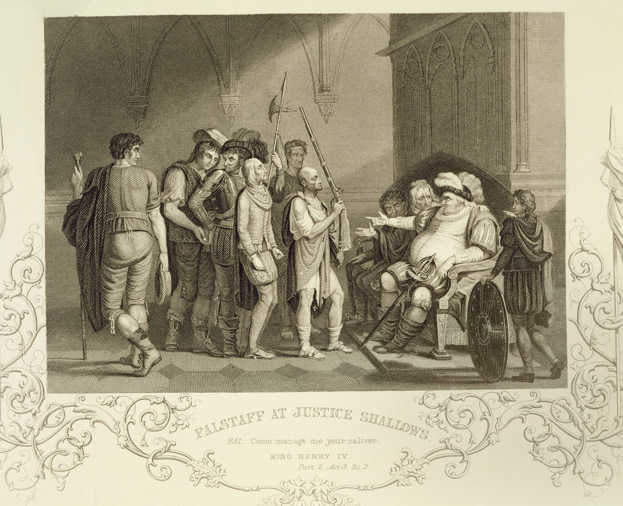 Falstaff Justice Shallowsissa, William Shakespearen (1564-1616) Henry IV:n (osa 2) III näytöksen 2. kohtaus tekijältä English School