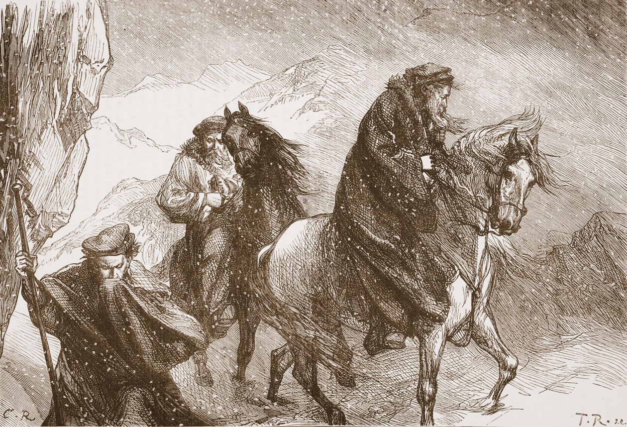 Farel ja hänen toverinsa matkalla Alppien poikki, kuvitus James Aitken Wylien (1808-1890) teoksesta The History of Protestantism, pub. 1878 tekijältä English School