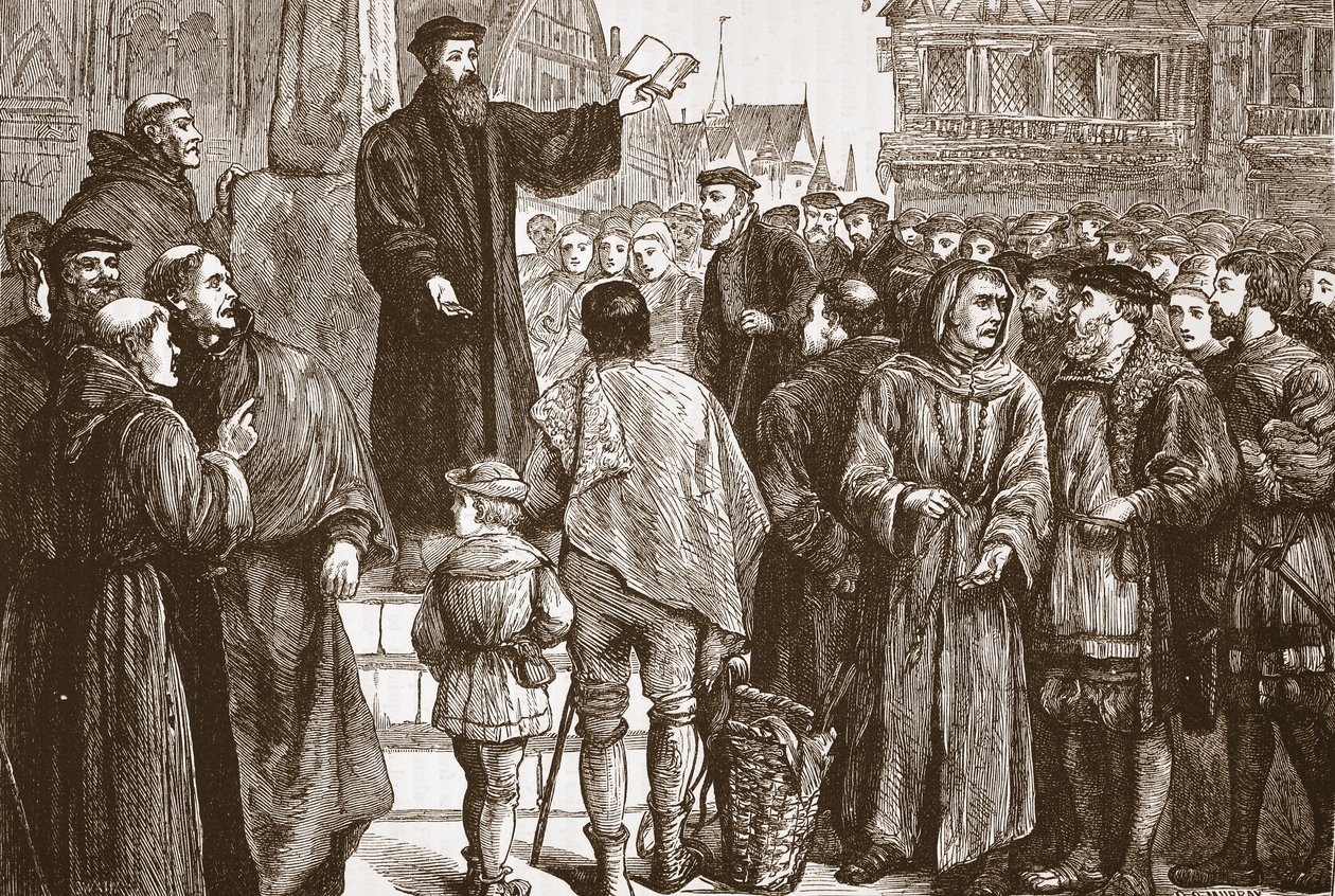 Farel saarnaa Neuchatelin torilla, esimerkki James Aitken Wylien (1808-1890) teoksesta The History of Protestantism, pub. 1878 tekijältä English School