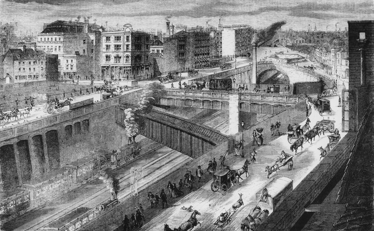 Farringdon Road ja Metropolitan Railway katsovat pohjoiseen tekijältä English School