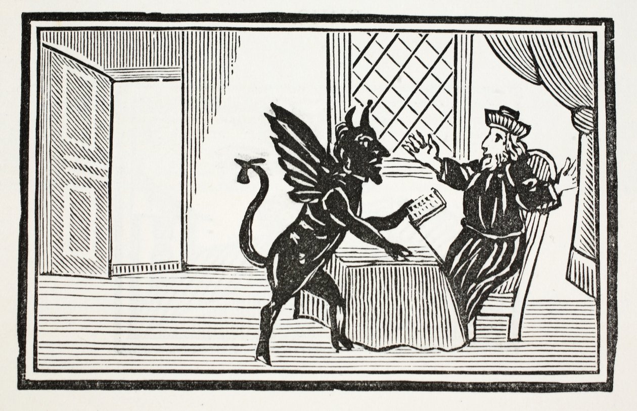 Faustus varoitti Hengen odottamaan hänen loppuaan, kuvitus John Ashtonin kirjasta Chap-books of the Eightenth Century, pub. 1882 tekijältä English School