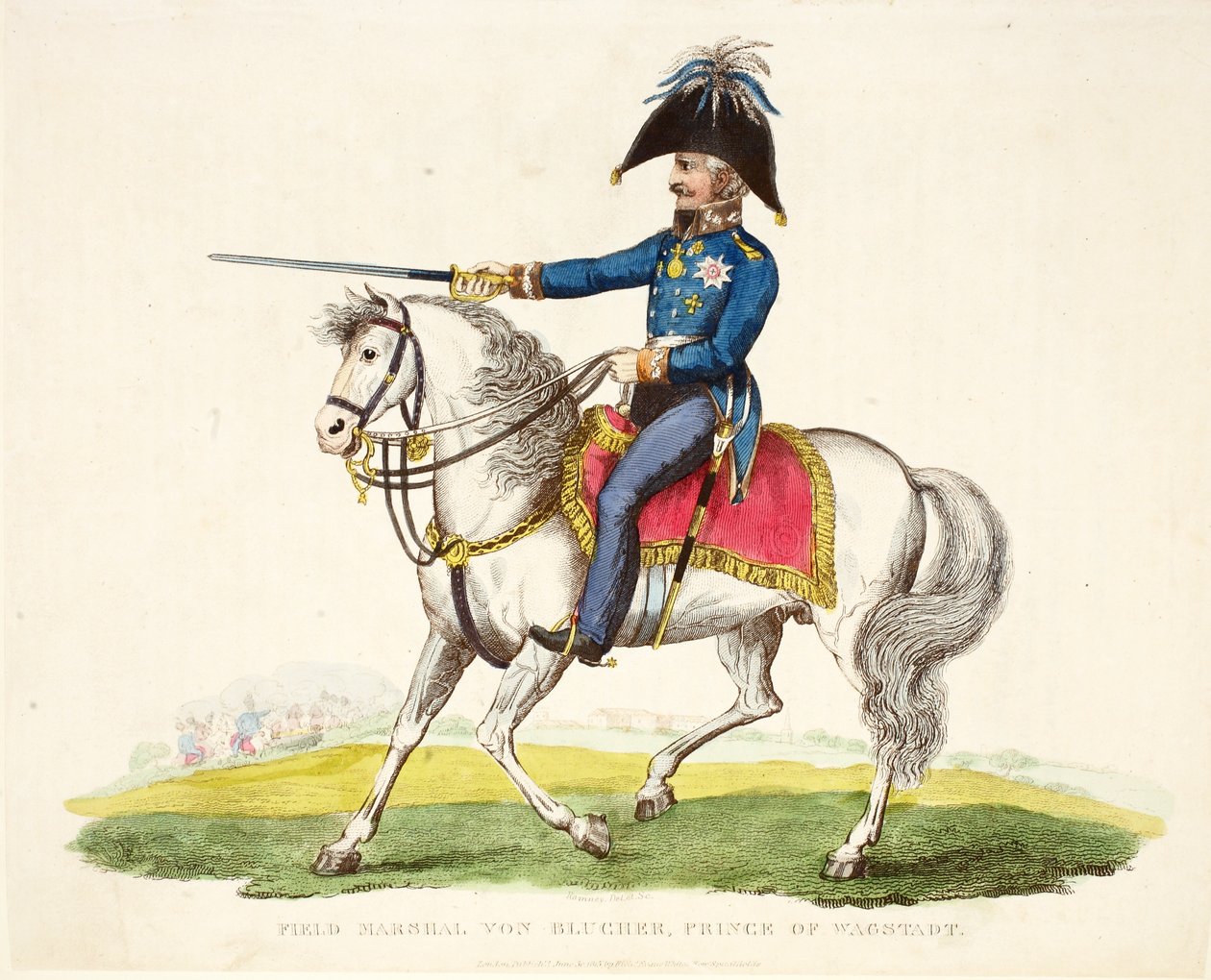 Marsalkka von Blucher, Wagstadtin prinssi, pubi. kirjoittanut Richard Evans, engr Romney, kuvitus William Mudfordin historiallisesta kertomuksesta Waterloon taistelusta, 1816 tekijältä English School