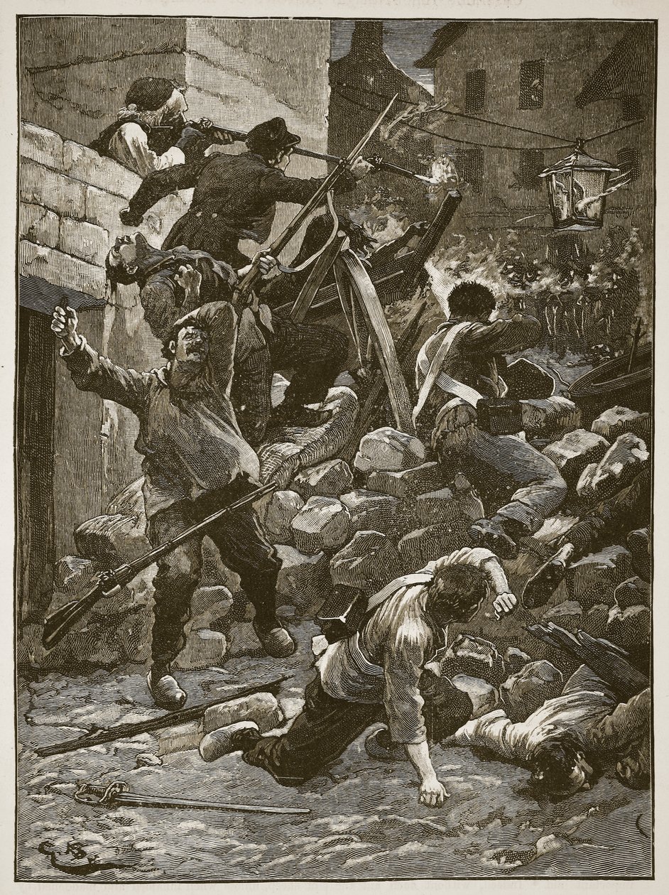 Taistelut barrikadeilla Pariisissa, kuvitus Cassells Illustrated History of Englandista (seepiakuva) tekijältä English School