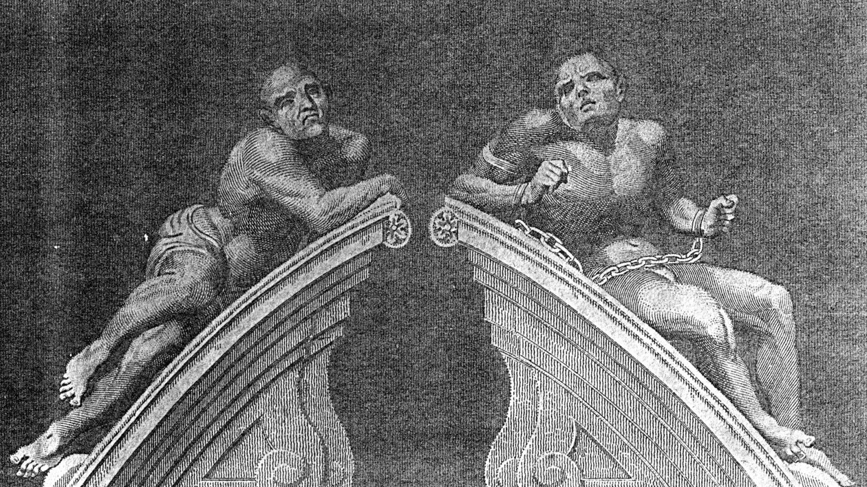 Figuurit Bethlehemin sairaalan portin yli, kaiverrus A. Birrell Lamberts History of London, 1805 tekijältä English School