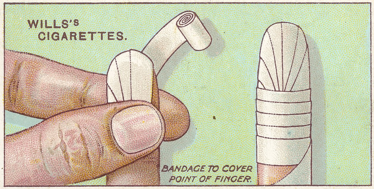 Finger Bandage, nro 50 Willss-savukekorttien First Aid -sarjasta, 1913 tekijältä English School