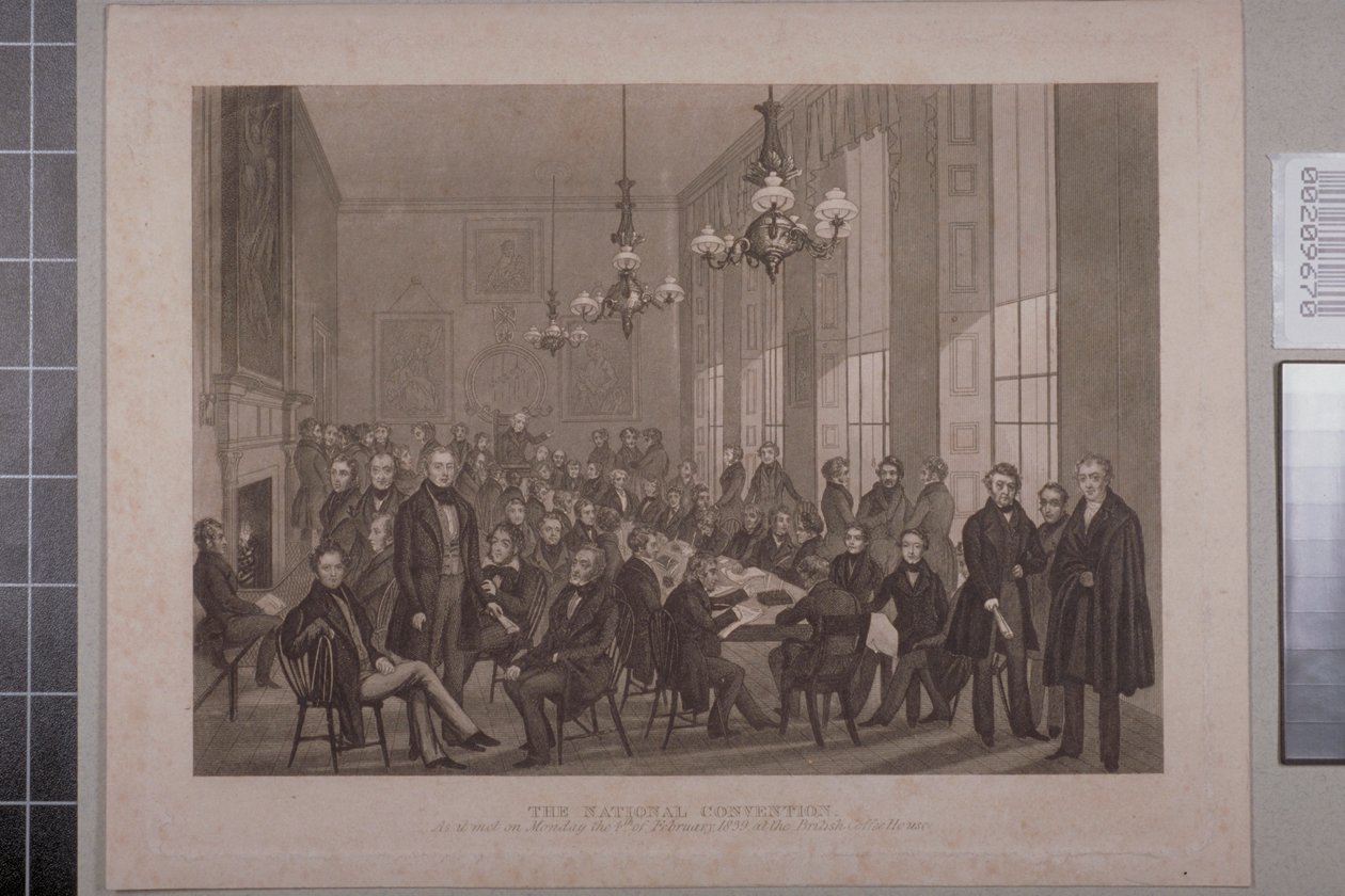 Ensimmäinen Chartist Meeting, British Coffee House Cockspur Streetillä, 1839 tekijältä English School