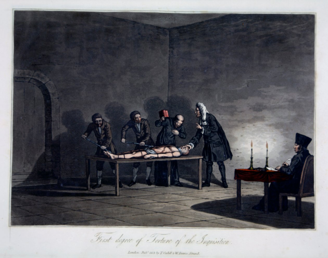 Ensimmäinen inkvisition kidutuksen aste, kaiverrus L.C. Stadler, pubi. kirjoittanut Cadell & Davies, Lontoo, n. 1813 (värikaiverrus) tekijältä English School