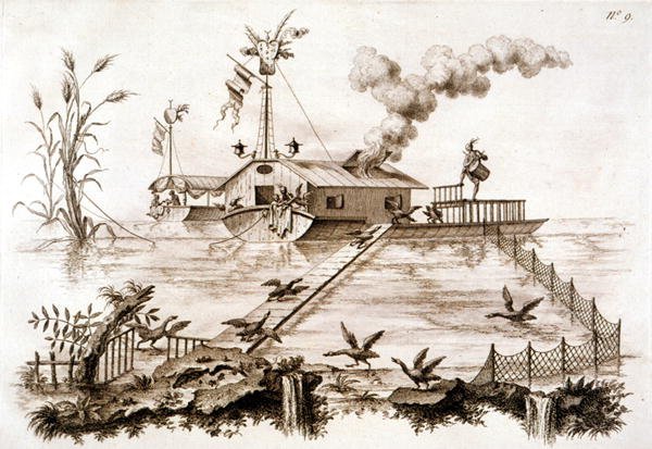 Kalastus merimetsojen kanssa vesiveneellä ja aidatulla aitauksella, kuvitus George Parkerin ja John Stalkerin teoksesta "Atractise of Japaning and Lakkaus...", julkaistu 1688 (litho) tekijältä English School